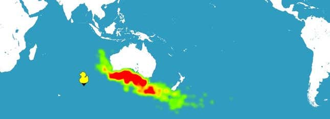 How far any debris could drift in one year from potential crash site (marked by yellow duck).