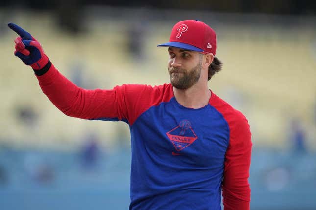 May 1, 2023; Los Angeles, California, USA; Philadelphia Phillies right fielder Bryce Harper before the game against the Los Angeles Dodgers at Dodger Stadium.