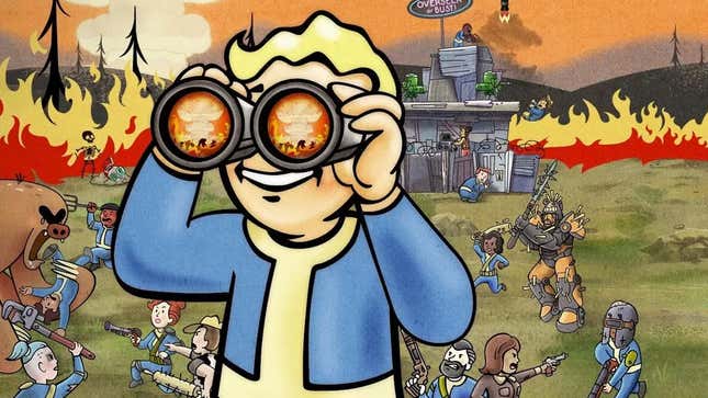 A cartoon drawing of Vault Boy looks out a fire and death using binoculars. 