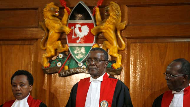 Kenya's Supreme Court judge chief justice David Maraga (C) presides before delivering the ruling making last month's presidential election in which Uhuru Kenyatta's win was declared invalid in Nairobi, Kenya September 1, 2017. Picture taken September 1, 2017.