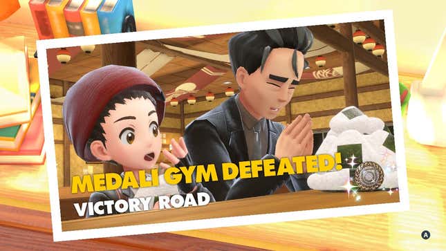 Larry and a trainer are seen in a photograph eating rice balls. Larry has his hands together and is closing his eyes while the trainer has a surprised expression as he looks at the plate of food.