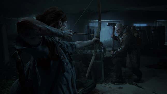 Ellie aims her bow at a man weilding a pickaxe.
