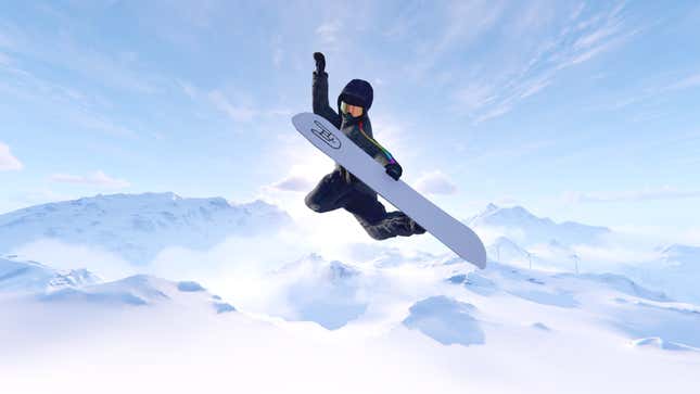 A snowboarder grabs a method on a bluebird day in Shredders on Xbox Series X.