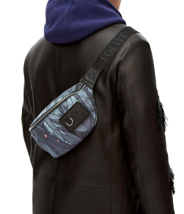 A screenshot of a bumbag with an image of Howl's gray feathers printed on it.