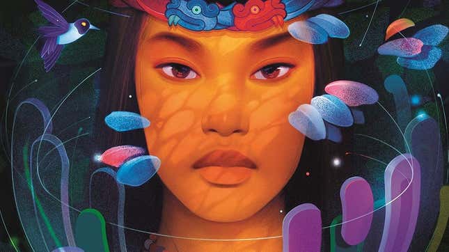 An illustration of a young woman wearing a colorful headband, surrounded by colorful shapes and a hummingbird.