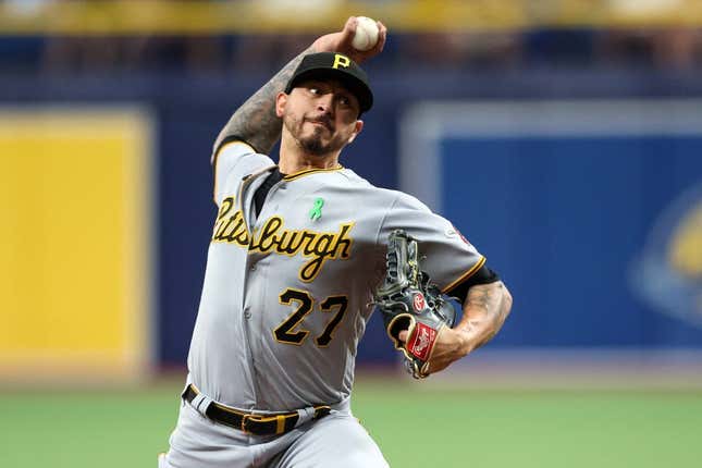 May 4, 2023; St. Petersburg, Florida, USA;  Pittsburgh Pirates starting pitcher Vince Velasquez (27) throws a pitch  against the Tampa Bay Rays in the second inning at Tropicana Field.
