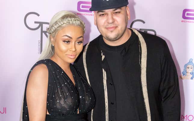 Rob Kardashian and Blac Chyna arrive at her Blac Chyna Birthday Celebration And Unveiling Of Her “Chymoji” Emoji Collection at the Hard Rock Cafe on May 10, 2016 in Hollywood, California. (Photo by Greg Doherty/Getty Images)
