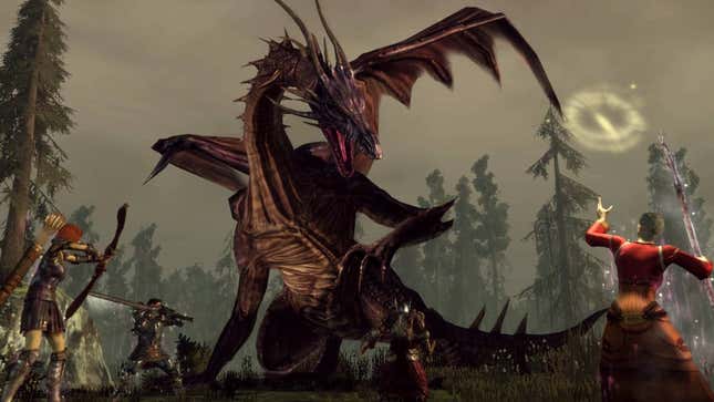 Three party members face off against a dragon.