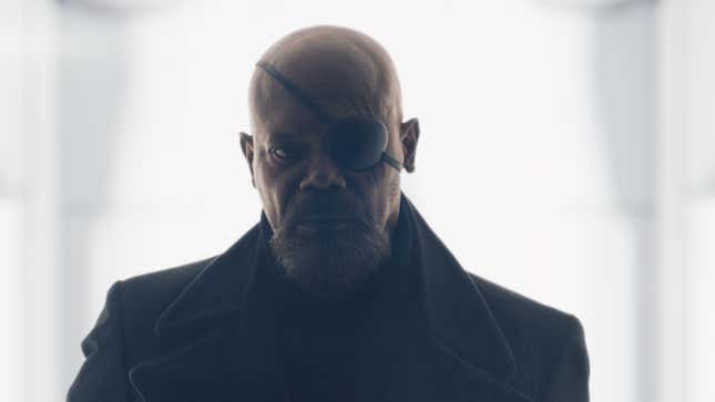 An image of Nick Fury wearing an eye patch and glaring into the camera, from Marvel's Secret Invasion