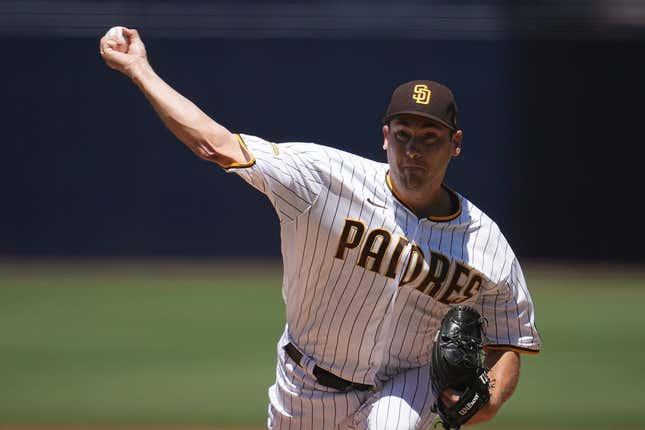 Aug 23, 2023; San Diego, California, USA;  San Diego Padres starting pitcher Seth Lugo (67) throws a pitch against to the Miami Marlins during the first inning at Petco Park.