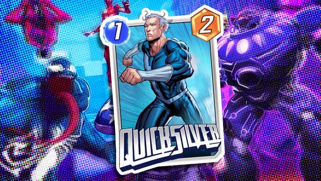 An image shows Quicksilver from Marvel Snap in front of comic book artwork. 
