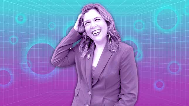 Research psychologist Dr. Rachel Kowert smiles in front of a blue and purple grid background. 