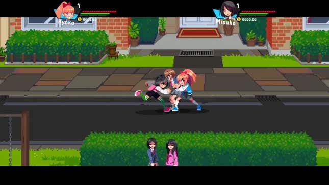 Kyoko holds an enemy down in the middle of the street while Misako winds up for a kick.