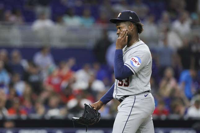 Aug 15, 2023; Miami, Florida, USA; Houston Astros starting pitcher Cristian Javier (53) reacts after a throwing error against the Miami Marlins during the fifth inning at loanDepot Park.