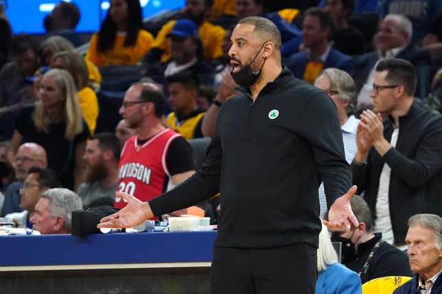 Jun 13, 2022; San Francisco, California, USA; Boston Celtics head coach Ime Udoka reacts from the sideline during the first half in game five of the 2022 NBA Finals against the Golden State Warriors at Chase Center.