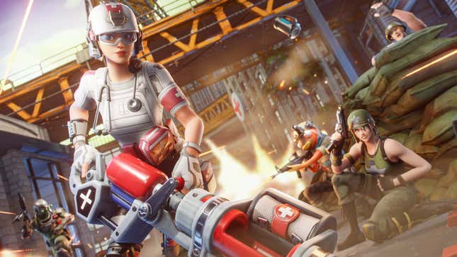 A promotional image shows field medics covering behind barricades on the ICRC's Fortnite island. 