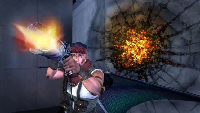 A character fires a gun at the camera while a wall is damaged behind them.