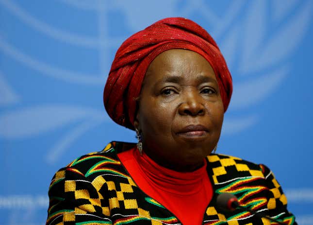 Nkosazana Clarice Dlamini-Zuma, African Union Commission Chairperson and former South African Minister of Health, Minister of Foreign Affairs, and Minister of Home Affairs attends a news conference at the European headquarters of the United Nations in Geneva, Switzerland, May 24, 2016.