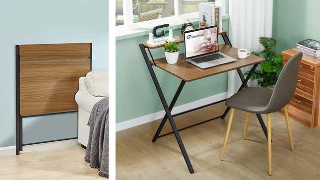 The GreenForest folding desk is displayed in use and folded behind a bed.