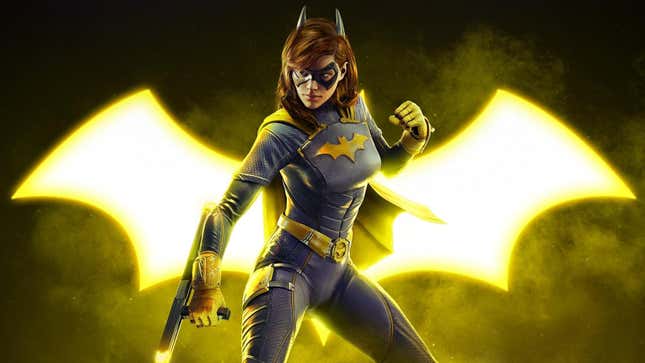 Batgirl poses in front of a gold-lit bat symbol. 