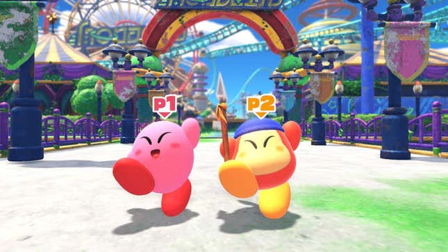 An image from Kirby and the Forgotten land depicting Kirby and Waddle Dee cheering next to each other in local cooperative play.