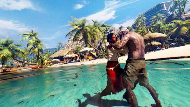 A shirtless, male zombie attacks a woman wearing a red dress in shallow, tropical water. 