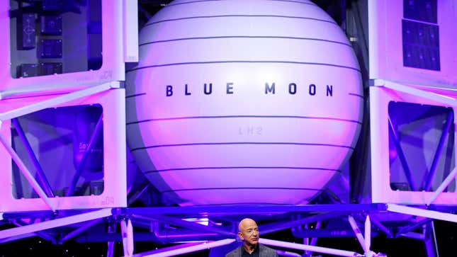 Jeff Bezos in front of a mock-up of Blue Origin’s  lunar lander, May 9, 2019.