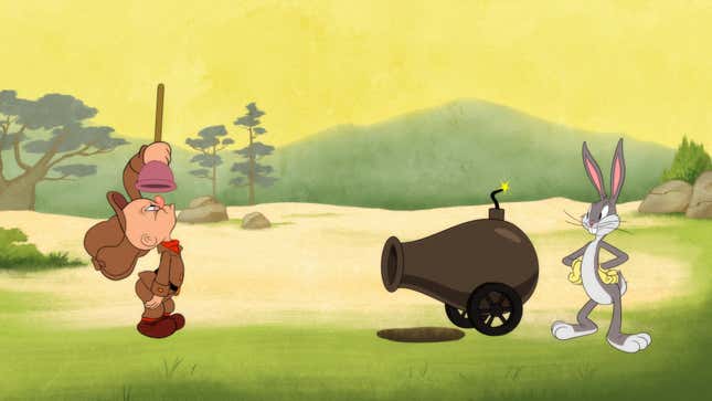 Elmer Fudd and Bugs Bunny in Looney Toons Cartoons.