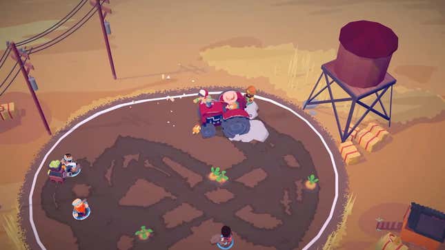 A tractor man chases other people in a circle.
