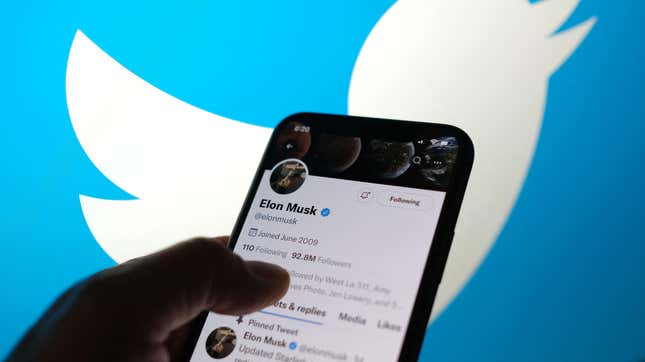 A person holding a phone with elon musk's twitter page in front of the twitter logo.