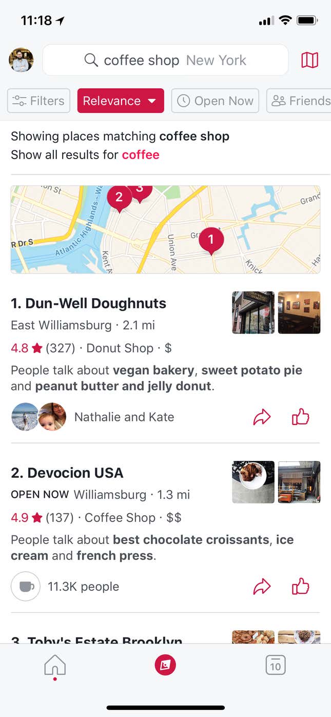 Searching for coffee on Facebook local.