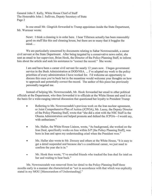 Page two of a letter from the House Oversight committee requesting more information on whether Trump's White House planned a purge of career civil servants deemed "insufficiently loyal"