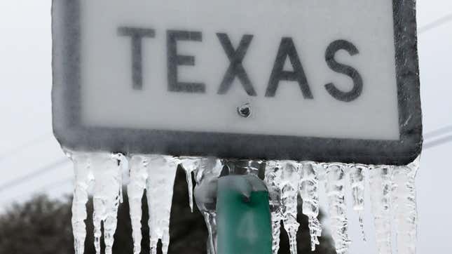 Icicles hang off the State Highway 195 sign on February 18, 2021 in Killeen, Texas. Winter storm Uri has brought historic cold weather and power outages to Texas as storms have swept across 26 states with a mix of freezing temperatures and precipitation.