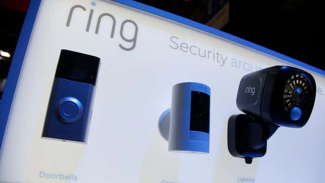 A photograph of Amazon Ring cameras and doorbells