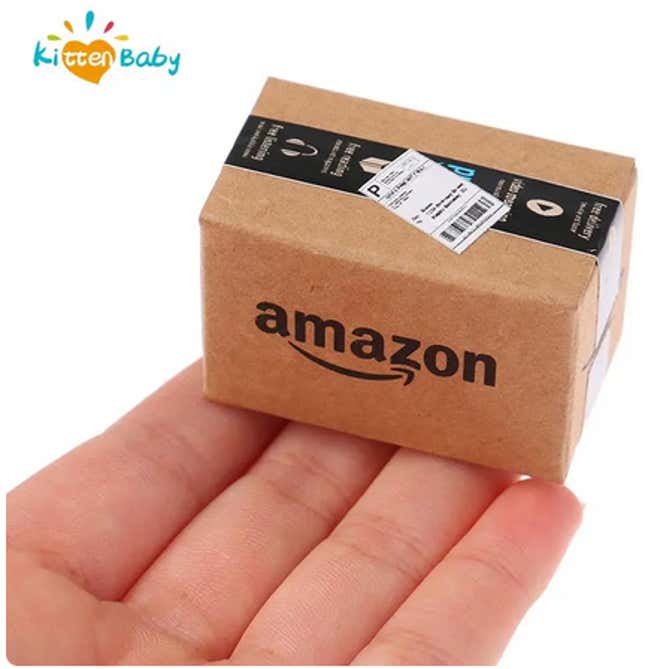 A tiny scale model of an Amazon box.