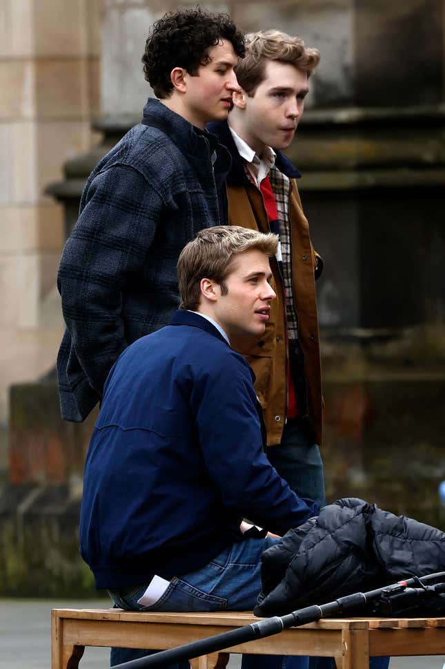 ST ANDREWS, SCOTLAND - MARCH 17: Actor Ed McVey, as Prince William is seen during filming for the next season of The Crown in St Andrews, on March 17, 2023 in St Andrews, Scotland. The sixth series of the drama, based on the real lives of the recent British monarchy, is set in St Andrews where the Prince and Princess of Wales met whilst studying at University. (Photo by Jeff J Mitchell/Getty Images)