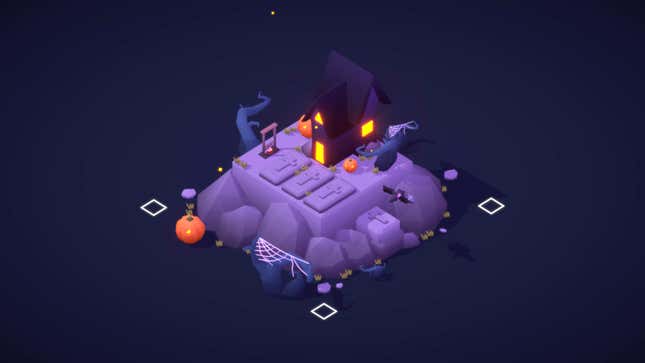 A screenshot of one of the puzzles in Sizeable depicts a scary-looking house surrounded by graves, spiderwebs, and jack-o-lanterns.