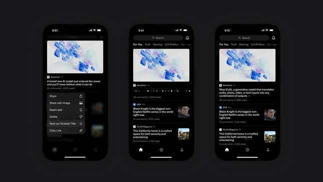 Three phones displaying the Artifact app showing how users can use AI to rewrite headlines.