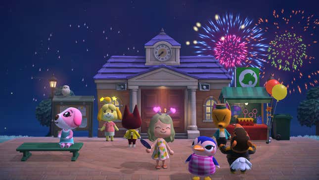 animal crossing new horizons characters celebrating fireworks in front of the museum