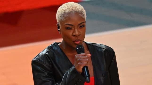 Canadian singer Jully Black singe Canada’s National Anthem ahead of the NBA All-Star game between Team Giannis and Team LeBron at the Vivint arena in Salt Lake City, Utah.