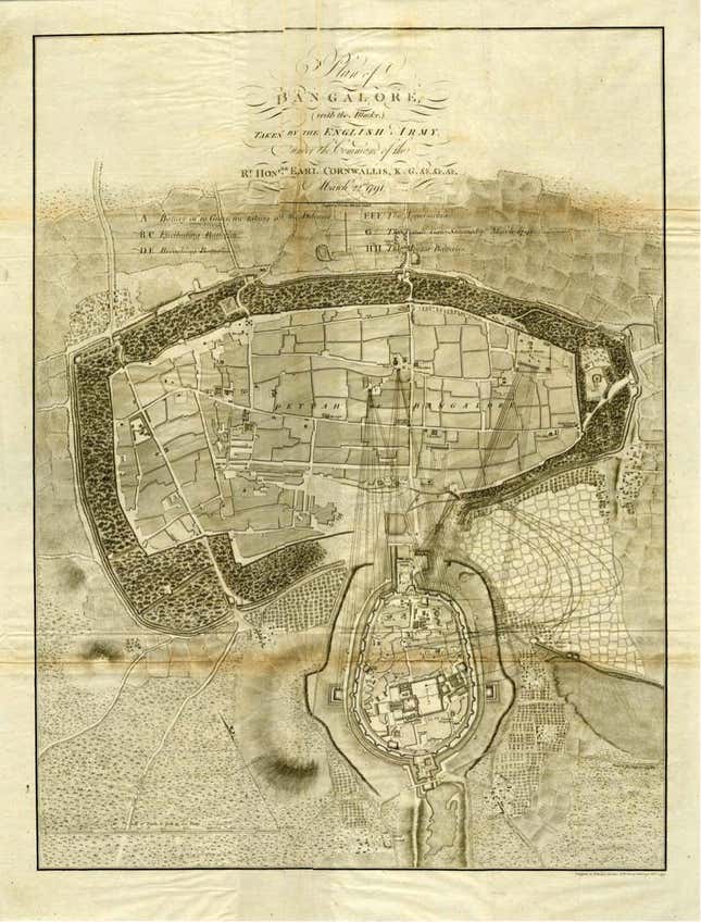 Plan of Bangalore (with the attacks) taken by the English Army under the command of the Earl Cornwallis.