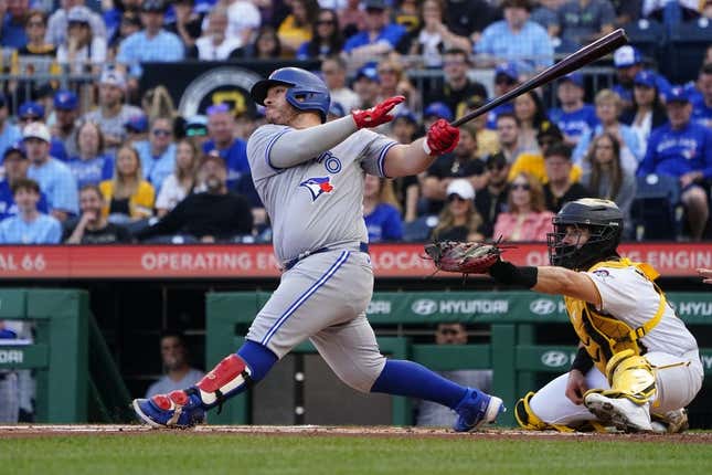 May 6, 2023; Pittsburgh, Pennsylvania, USA; Toronto Blue Jays designated hitter Alejandro Kirk (30) hits an RBI double against the Pittsburgh Pirates during the first inning at PNC Park.