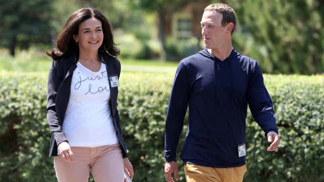 CEO of Facebook Mark Zuckerberg (right) walks with COO of Facebook Sheryl Sandberg on July 08, 2021 in Sun Valley, Idaho.