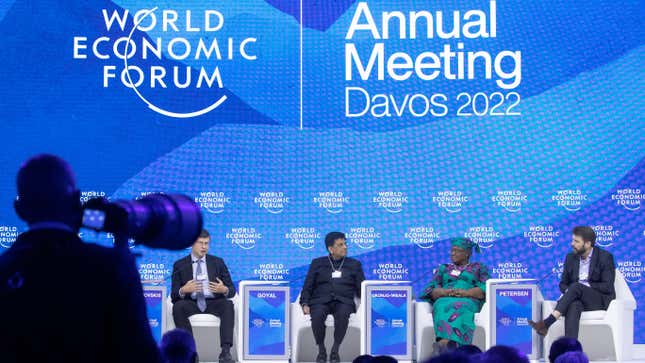 A panel on stage at the 2022 World Economic Forum annual meeting in Davos, Switzerland.