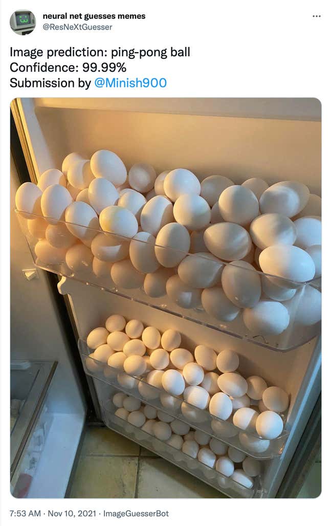 An image of a refrigerator full of eggs that the Neural Net Guesses Memes bot determined was full of ping pong balls.