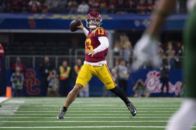 Jan 2, 2023; Arlington, Texas, USA; USC Trojans quarterback Caleb Williams (13) in action during the game between the USC Trojans and the Tulane Green Wave in the 2023 Cotton Bowl at AT&amp;amp;T Stadium.