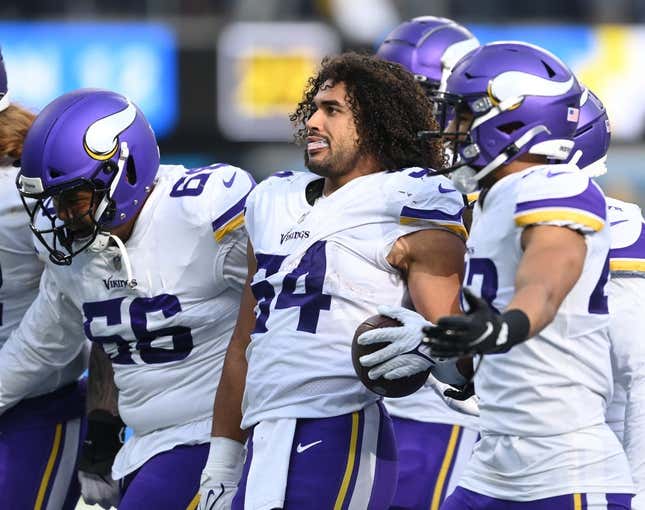 Nov 14, 2021; Inglewood, California, USA;  Minnesota Vikings middle linebacker Eric Kendricks (54) celebrates after he intercepted a pass in the first half against the Los Angeles Chargers at SoFi Stadium.