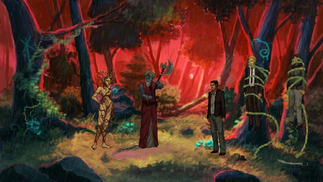 A mysterious wooded sequence in adventure Unavowed.