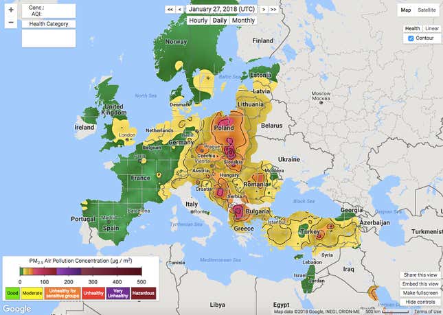 A snapshot of particulate pollution across Europe on Jan. 27, 2018.
