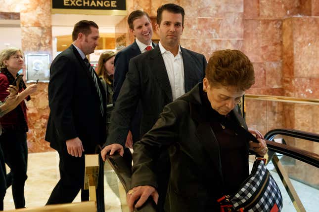 Eric Trump and Don Trump Jr. ride the Trump Tower escalator shortly after their father’s election in November 2016.
